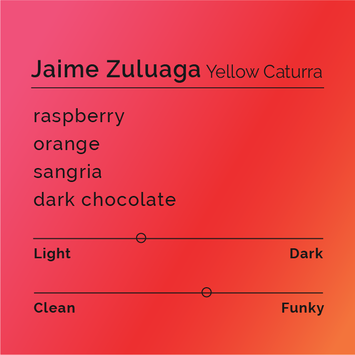 Producer, Jamie Zuluaga's Coffee is the title of this label. It features a yellow Caturra variety. The label has a medium pink corner in the upper left and turns into a red - orange gradient at the bottom right corner. The image features the tasting notes of raspberry, orange, sangria, and dark chocolate. It has a roast scale of level 4 out of 10 and a Funky scale of 7 out of 10.